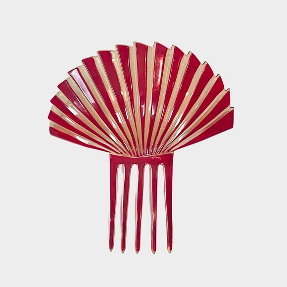 Vintage Art Deco Celluloid Hair Comb Red Curved Fan Design Peineta Peinecillo